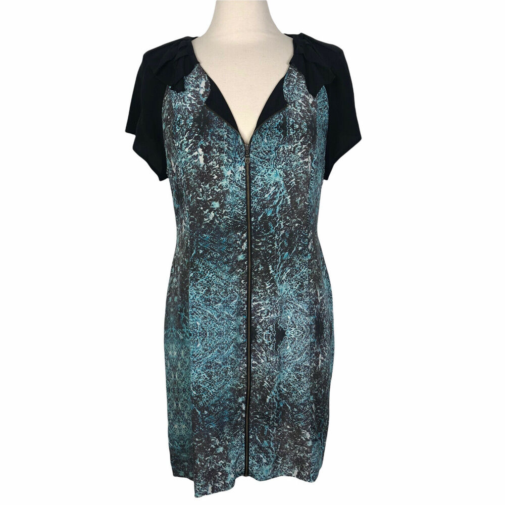 NEW Vena Cava Black Teal Printed Short Sleeve 100% Silk Sheath Dress Womens 10